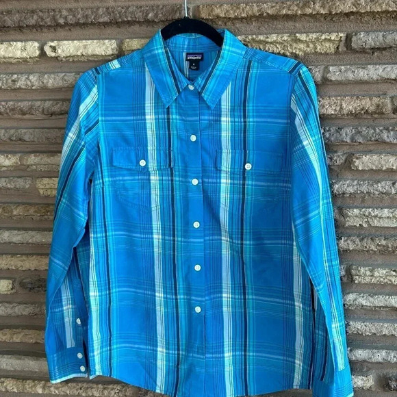 Patagonia Dark Turquoise Blue Plaid Button Front Shirt Size 6 - Picture 5 of 5